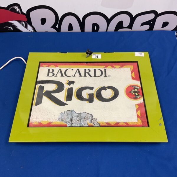 Illuminated Bacardi Rigo sign, vintage bar advertising display.