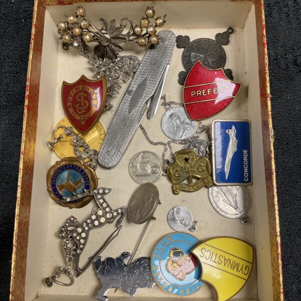Tray of assorted vintage badges and jewellery for collectors.