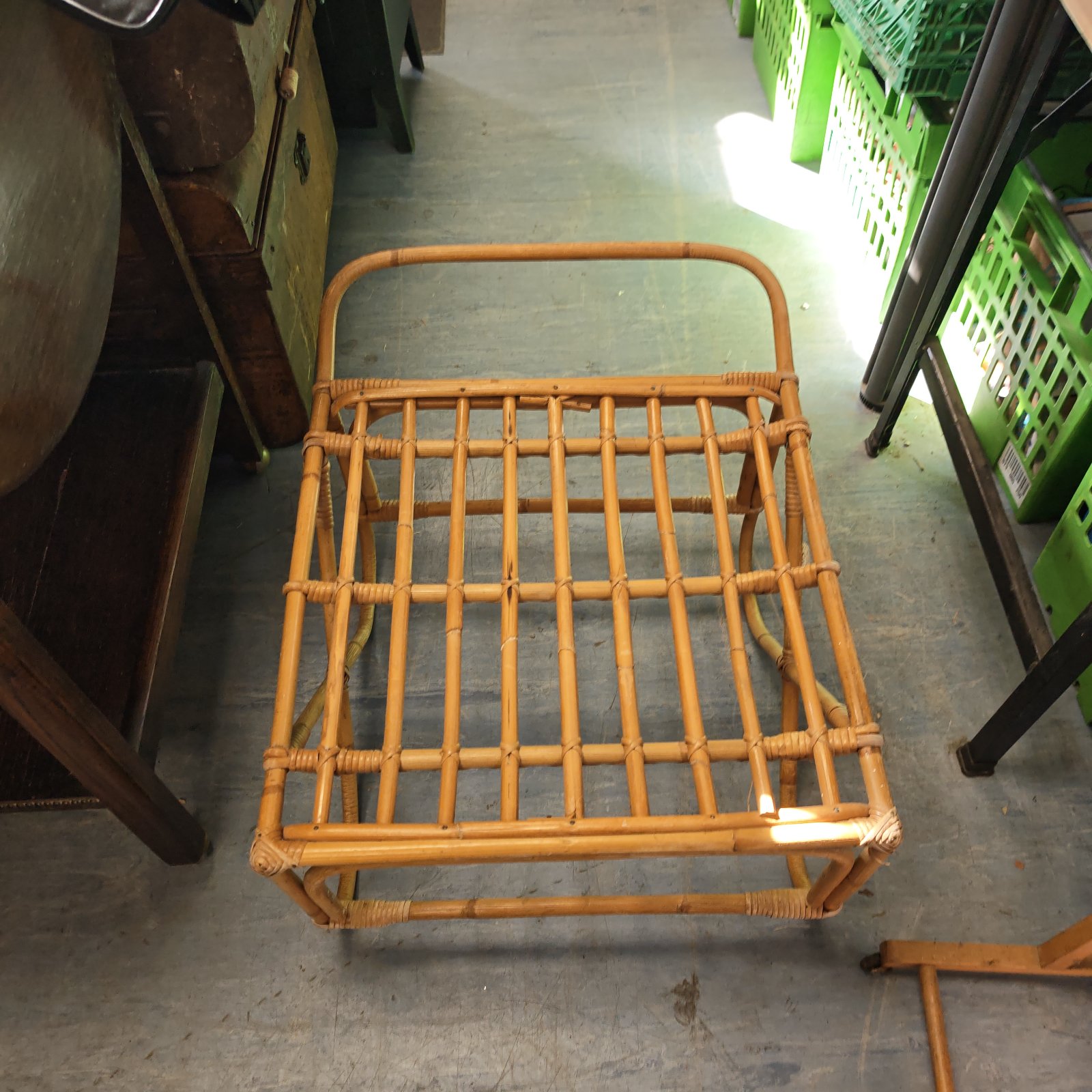 Vintage bamboo footstool with woven rattan seat.