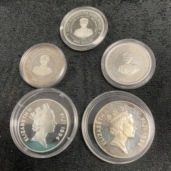 Group of silver proof coins from Barbados and Fiji featuring Queen Elizabeth II.