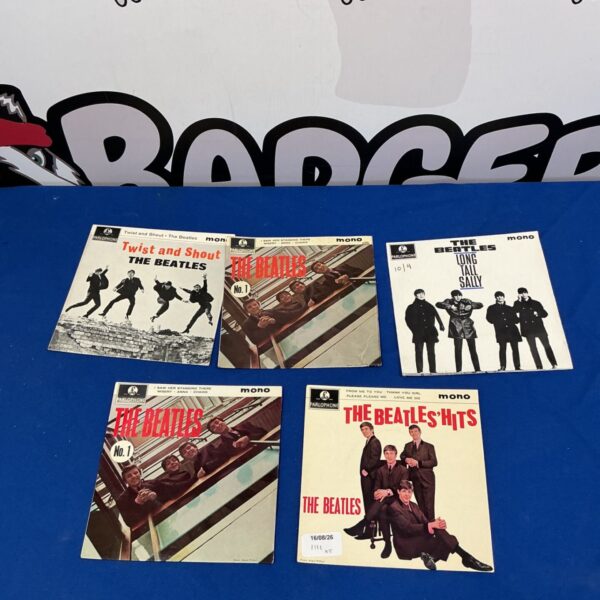 Lot of five vintage The Beatles Parlophone 7” vinyl records.