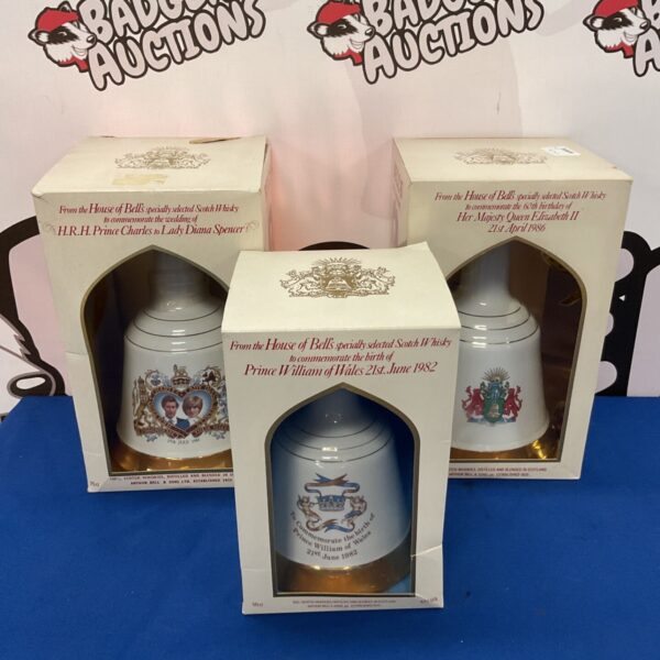 Vintage Bells Whiskey bottles commemorating the Prince Charles and Diana wedding.