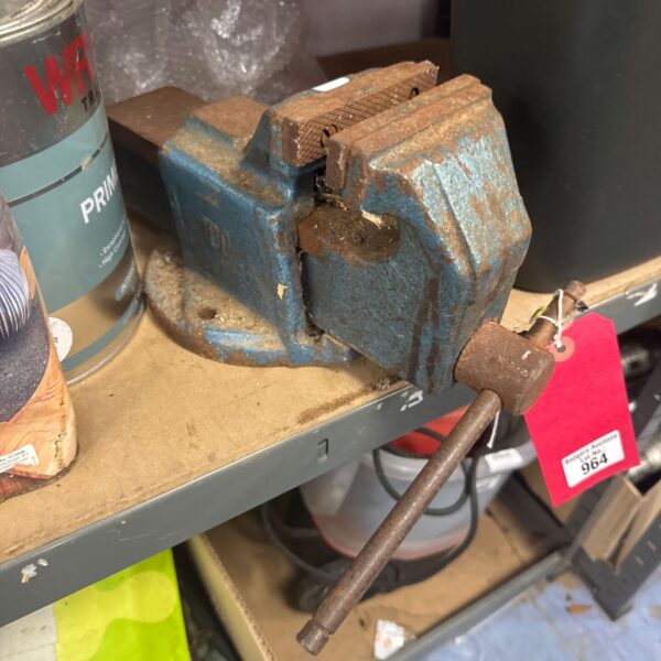 Vintage bench vice for metalworking and workshop use.