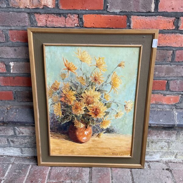Vintage Betty Boorman oil painting of sunflowers in a vase.