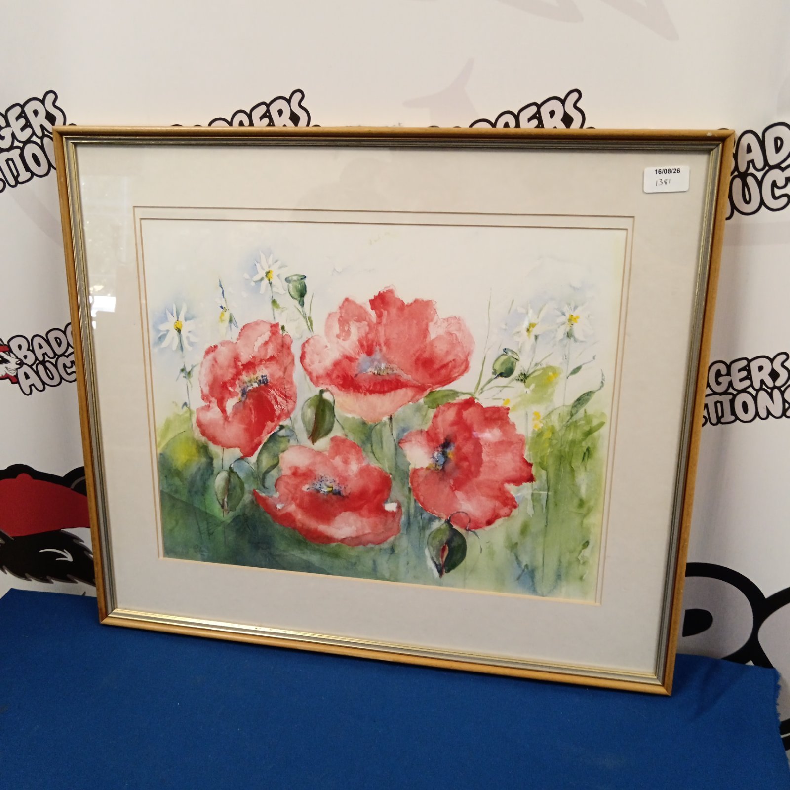 Signed watercolour painting of red poppies by Billie 91.