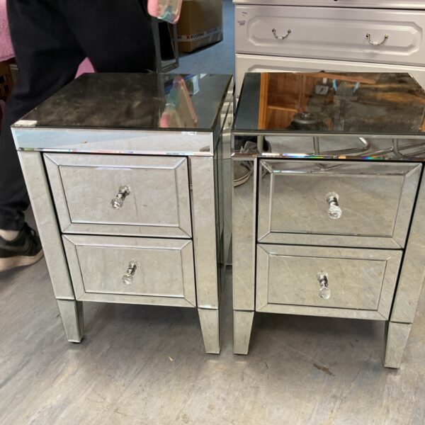 Pair of mirrored Birlea Valencia bedside cabinets in a bedroom setting.