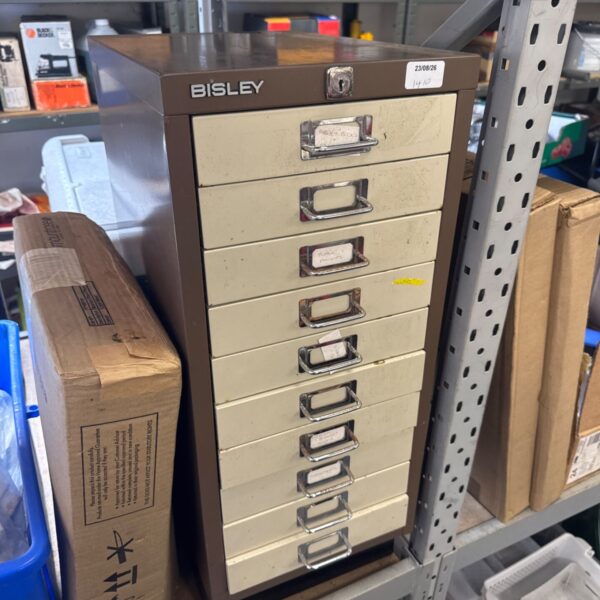 Vintage Bisley metal drawer unit for office paperwork storage.