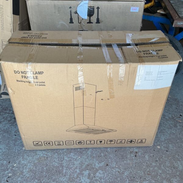 Black 60cm chimney extractor hood in original packaging.