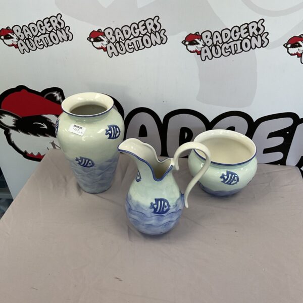 Vintage blue and white fish pottery jug and bowls.