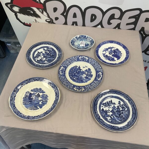 Collection of antique blue and white plates, including Royal Worcester transferware.