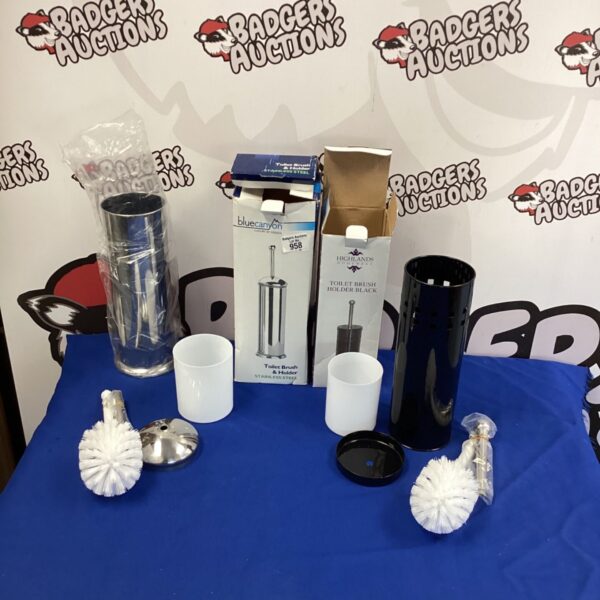New Blue Canyon toilet brush and holder set in original packaging.