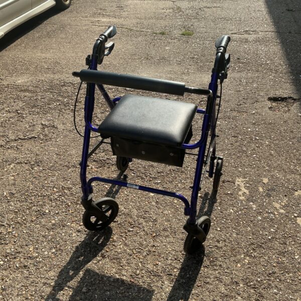 Blue foldable rollator walking aid with a seat.