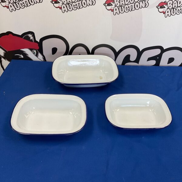 Vintage blue and white enamel pie dishes for baking.