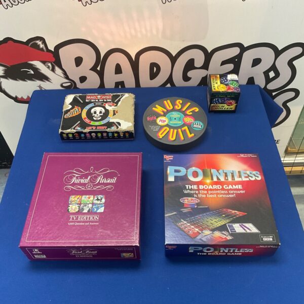 Assorted board games including Trivial Pursuit and Pointless.