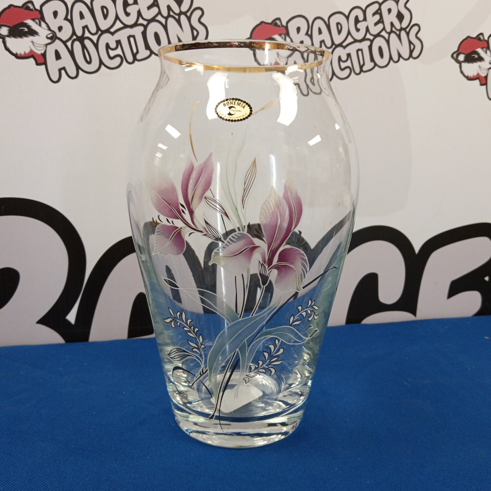 Vintage Bohemia crystal vase with delicate floral painting.