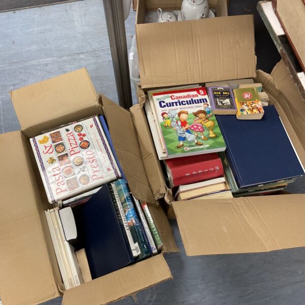 Two boxes filled with a diverse book lot, including Chinese books.