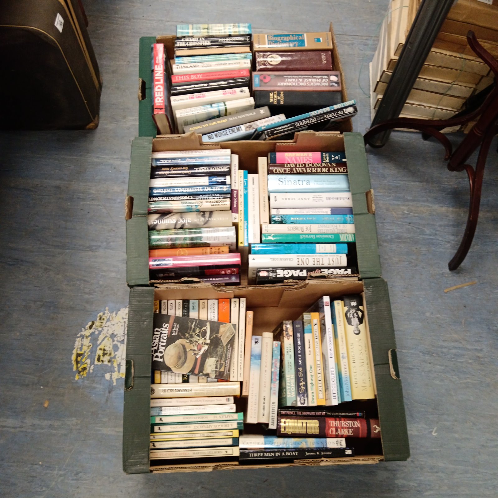 Overhead view of a book lot with various paperback titles.