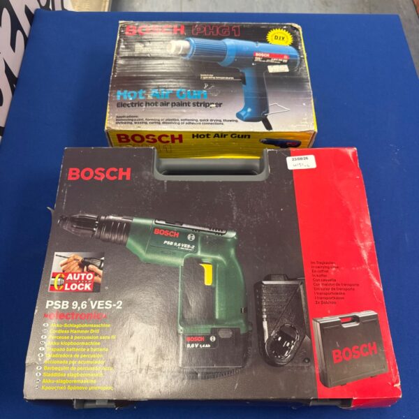 Bosch cordless drill and hot air gun set for DIY projects.