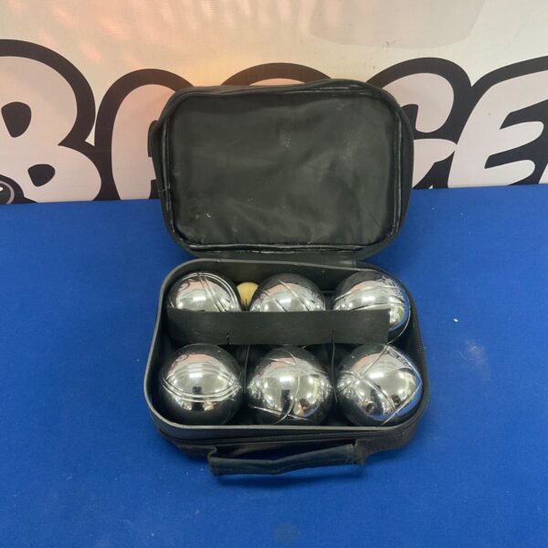 Silver boules set with carrying case for outdoor games.