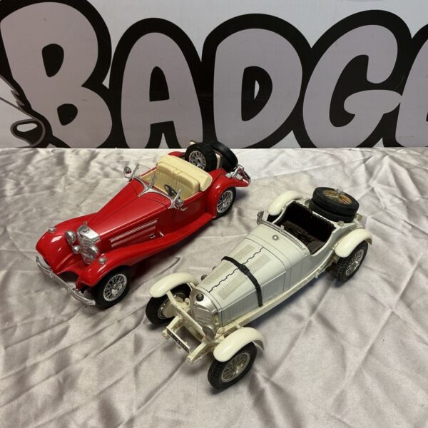 Burago Mercedes Benz 500K and SSK model cars displayed together.