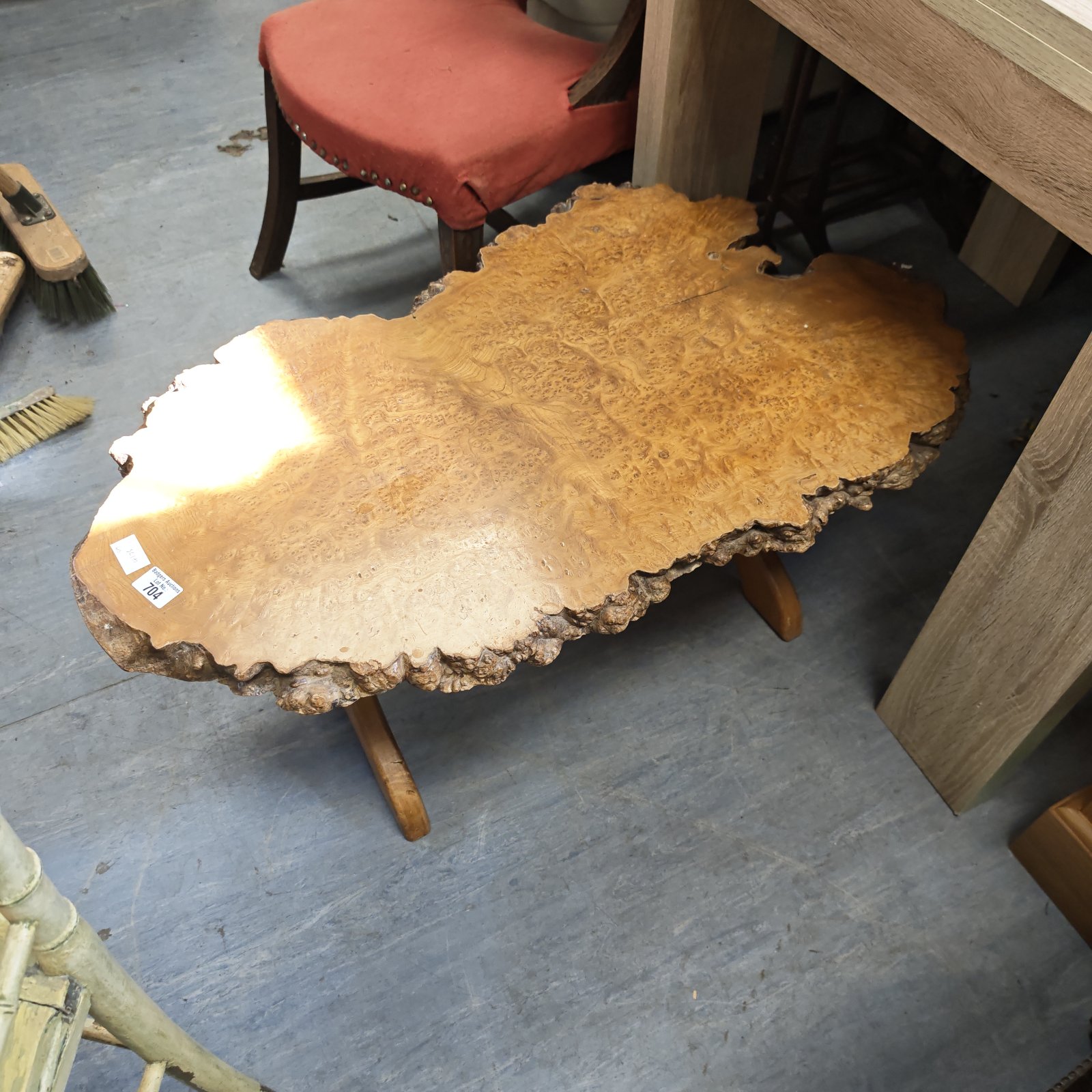 Vintage burr walnut coffee table with unique grain pattern.