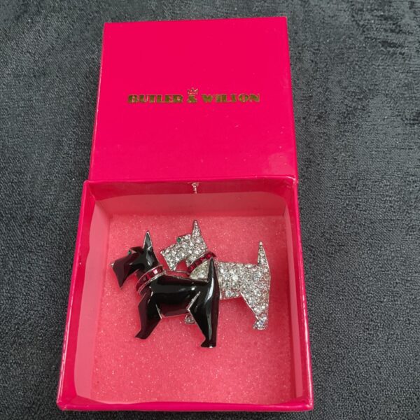 Vintage Butler & Wilson Scottie dog brooch with clear crystals.