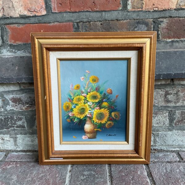 Vintage sunflower still life oil painting by C benott.