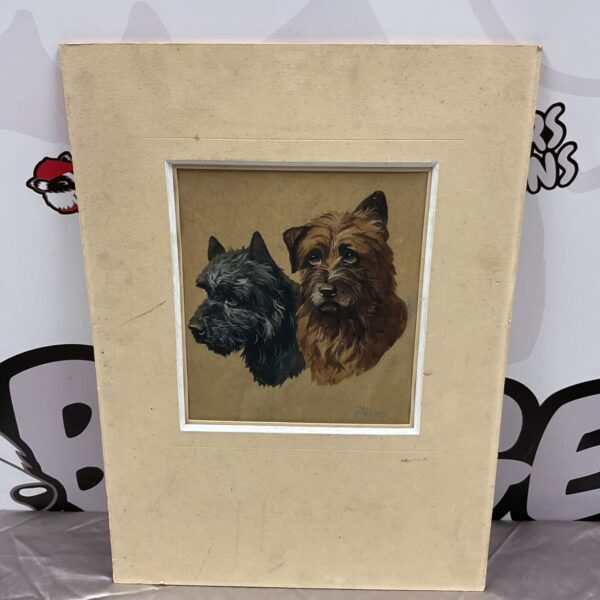 Vintage watercolour painting of two cairn terrier dogs signed Fraser.