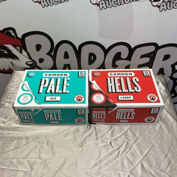 Stack of Camden Hells Lager and Ale boxes for collectors.