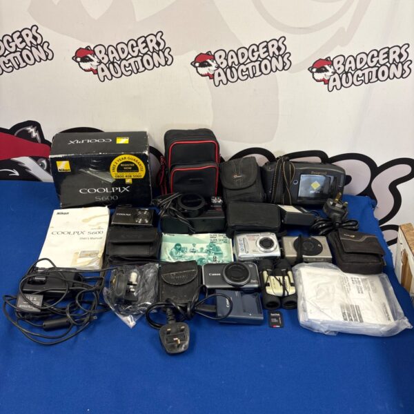 Camera bundle including Nikon Coolpix, Canon Ixus, and Powershot cameras with accessories.