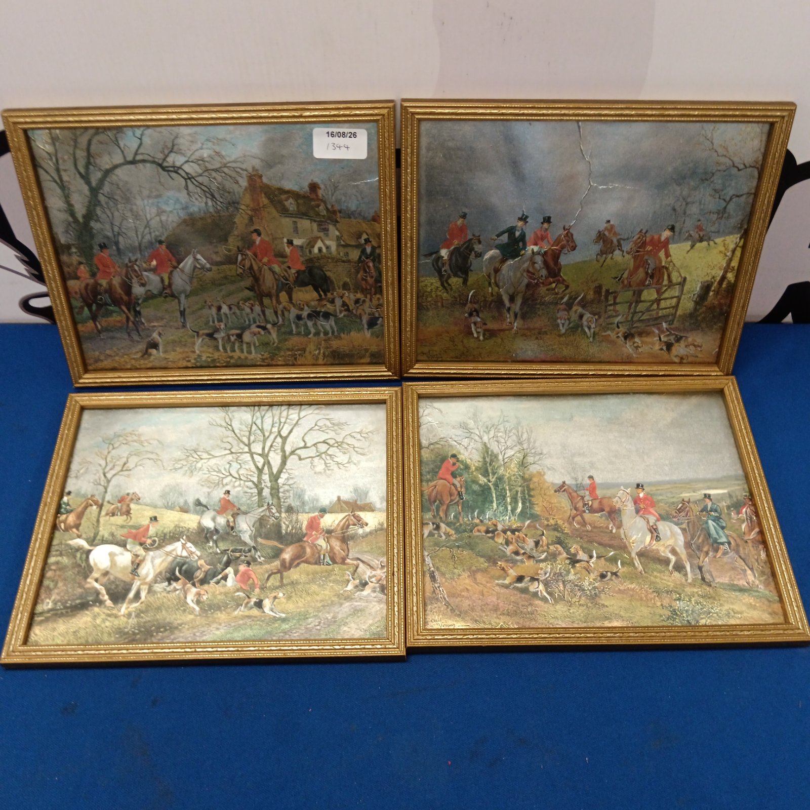 Set of four Cecil Vernon hunt prints in ornate frames.
