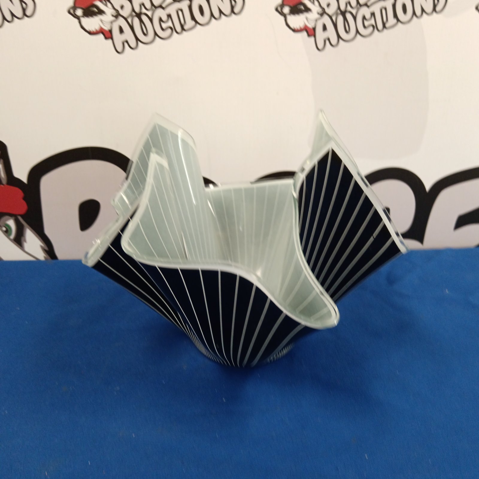 Vintage Chance Brothers handkerchief vase with black and white Cordon pattern.