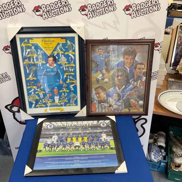 Framed Chelsea FC prints including Legends of Stamford Bridge.