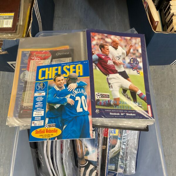 Vintage Chelsea FC match programmes, a large collection of football memorabilia.