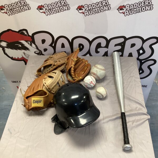 Childs baseball equipment set including Hy-Pro bat and helmet.