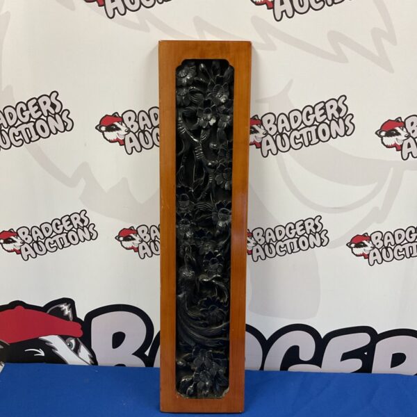 Vintage Chinese carved wooden panel with floral and bird design.