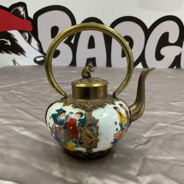 Colourful Chinese enamel teapot with brass handle and spout.