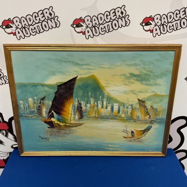 Vintage oil painting of Chinese junk boats with city skyline.