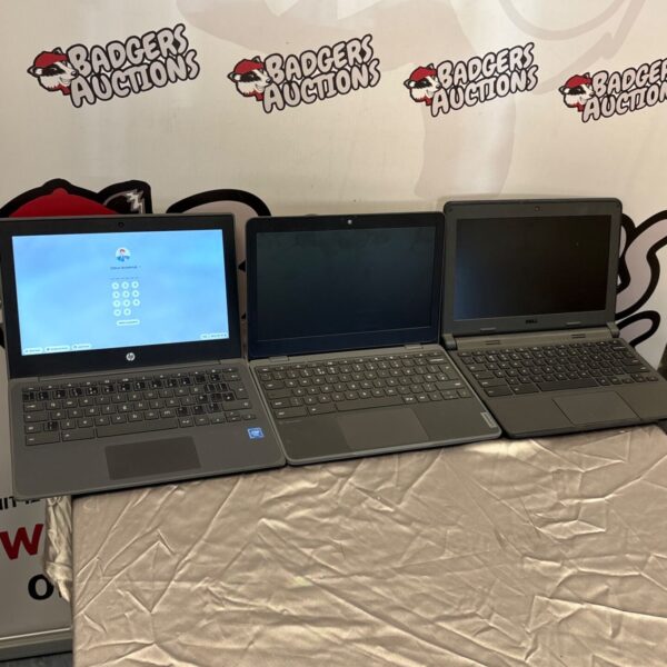 Lot of three chrome laptops including HP, Lenovo, and Dell.