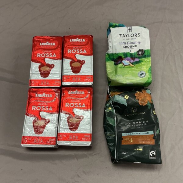 Coffee selection including Lavazza Qualita Rossa and Taylor’s ground coffee.