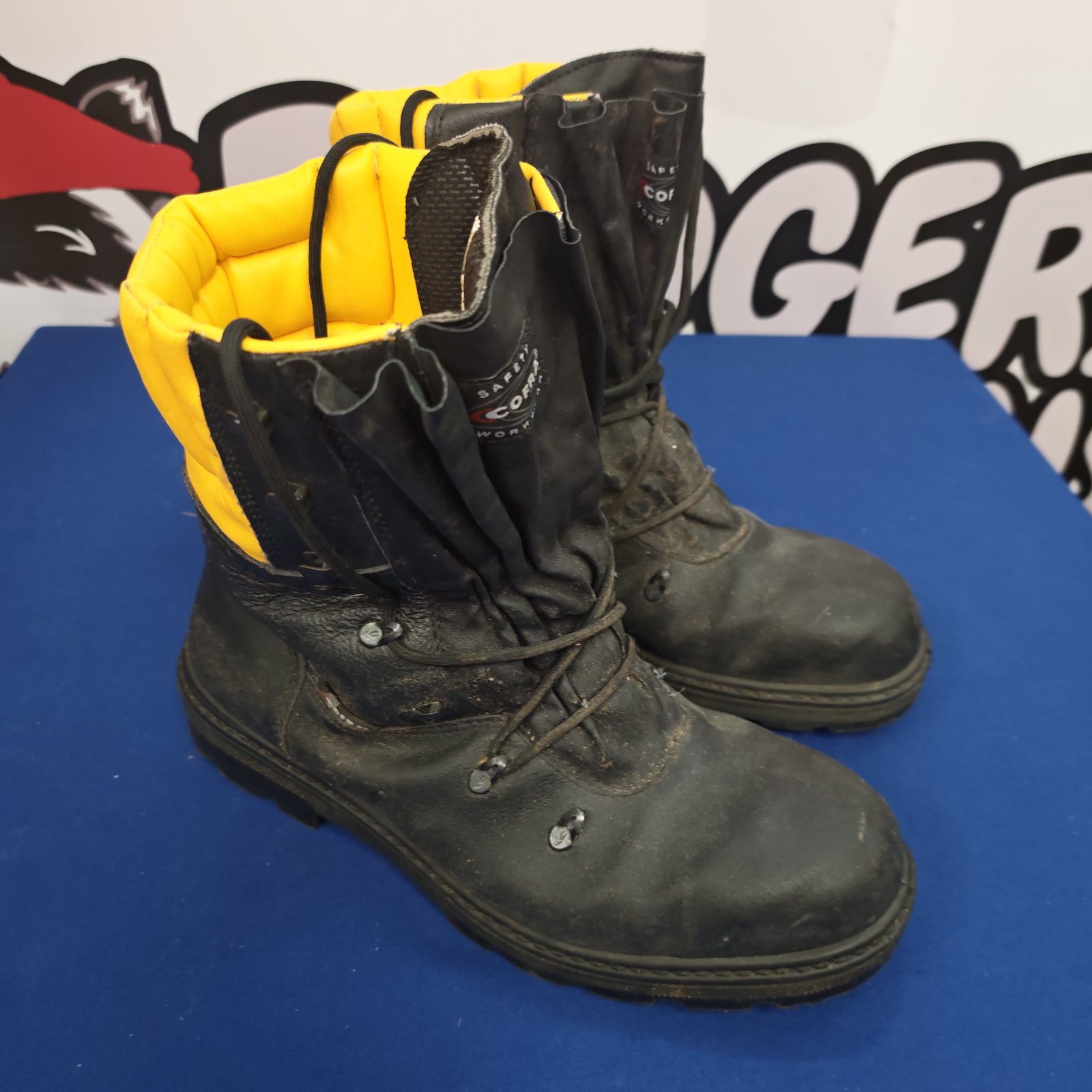 Black Cofra size 12 safety boots with steel toe protection.