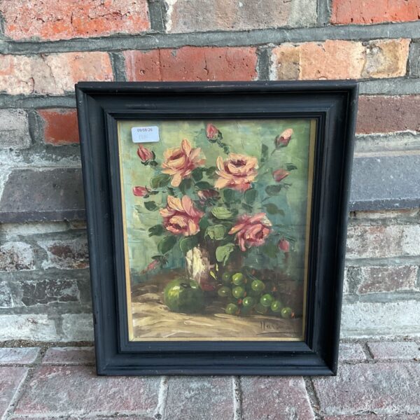 Vintage continental still life oil painting of roses and fruit.