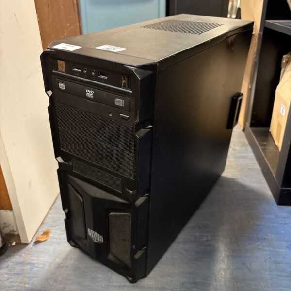 Black Cool Master gaming PC tower with front panel connections.