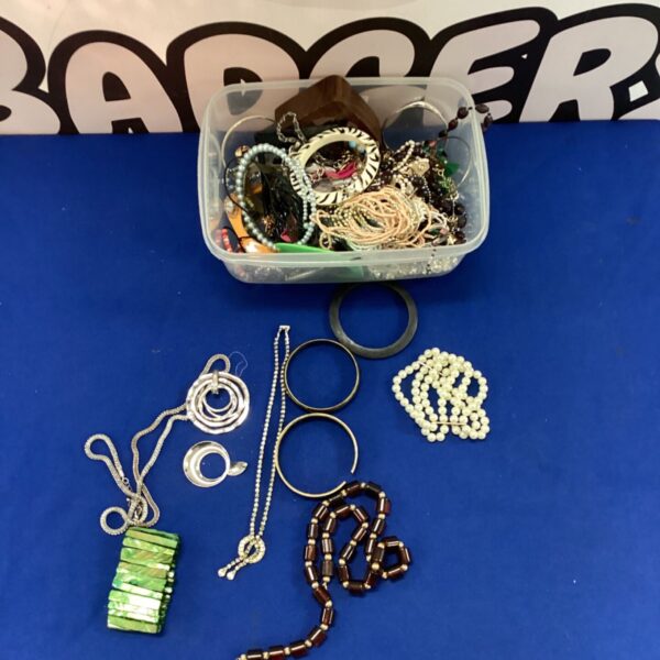 Assorted costume jewellery lot with necklaces, brooches and earrings.