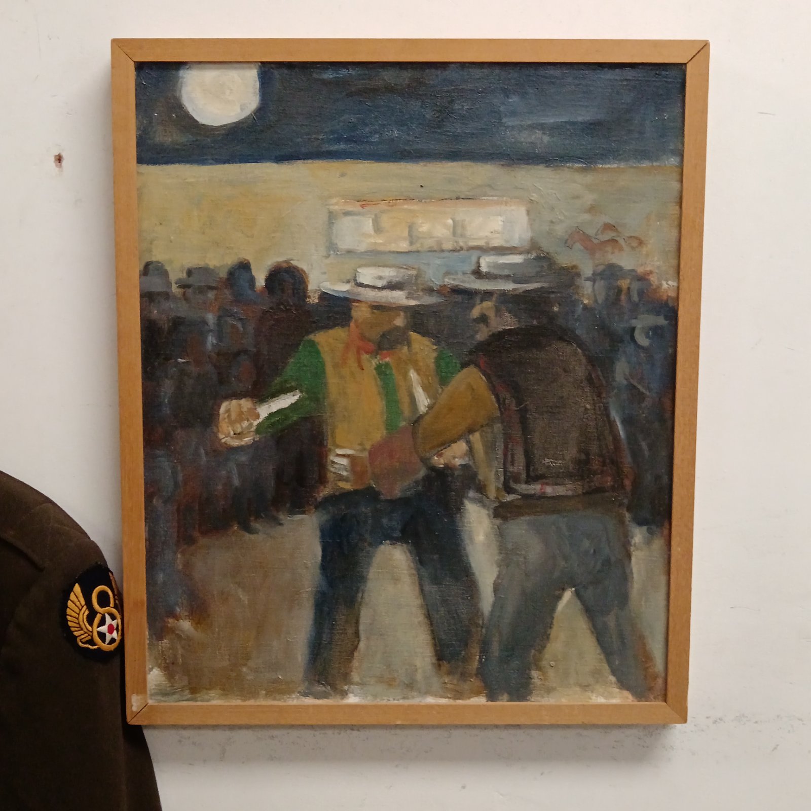 Vintage oil painting of a cowboy bar brawl scene.