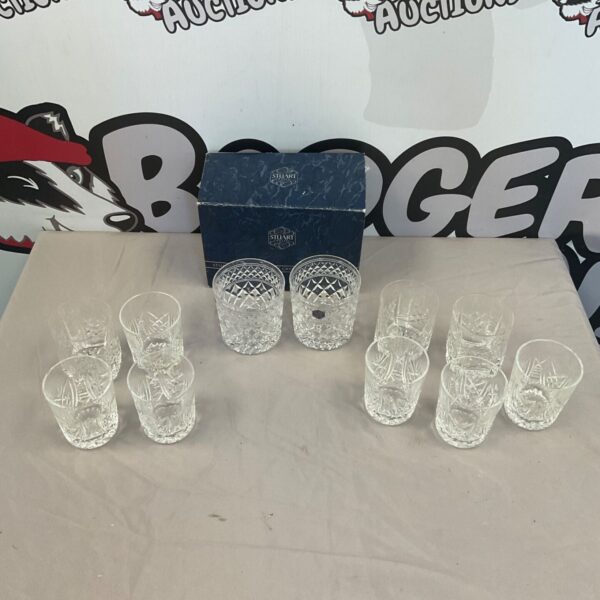 Set of crystal glasses including Stuart Crystal whisky tumblers.