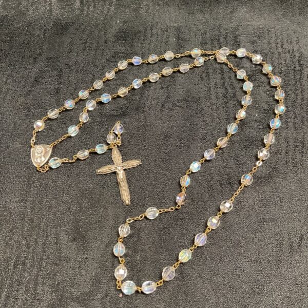 Vintage crystal rosary necklace with whitemetal crucifix detail.