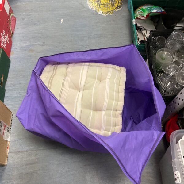 Stack of four cushions inside a large purple zipper bag.