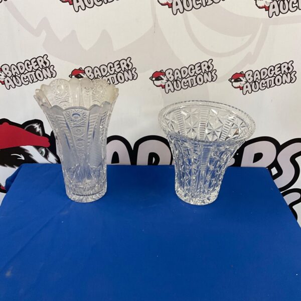 Pair of vintage cut glass vases for elegant home decor.