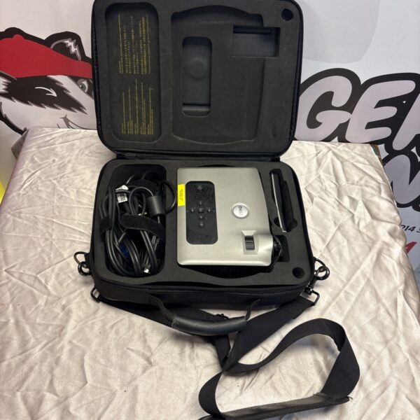 Dell portable projector in its original carrying case, showing wear.